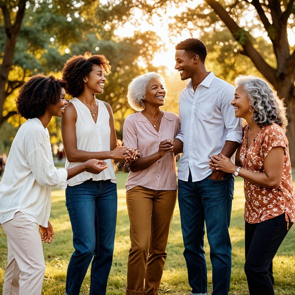 A warm, cozy scene featuring diverse couples of varying ages and backgrounds sharing intimate moments—holding hands, laughing, and deep in conversation. In the background, subtle symbols of love such as hearts, roses, and intertwined rings. The setting could be a beautiful park during sunset, radiating a soft, golden glow. super-realistic. vibrant colors. warm tones. 