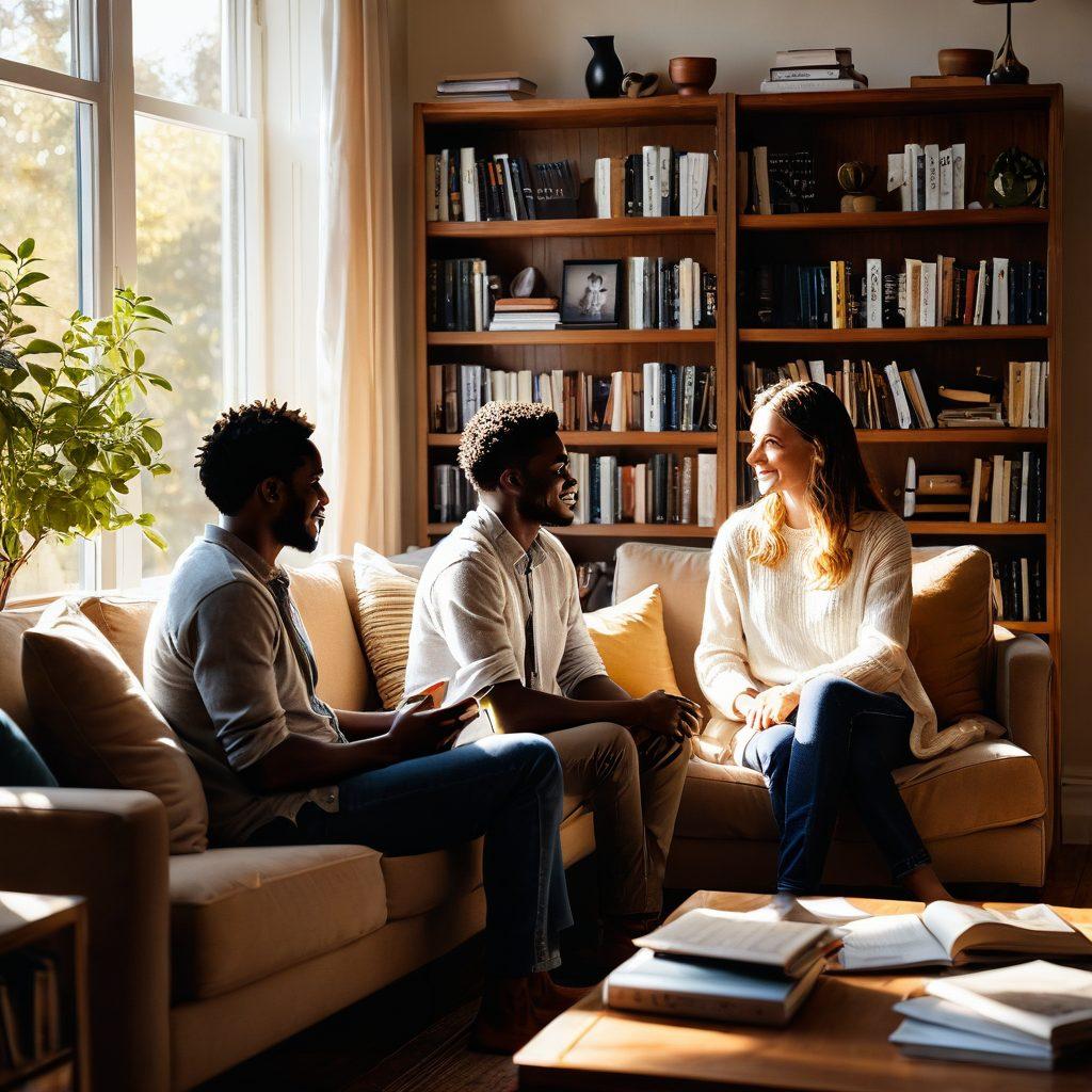 A loving couple sitting in a cozy living room, engaged in deep conversation, symbolizing communication and trust. Soft sunlight streams through a window, illuminating their warm expressions. A bookshelf in the background features titles on relationship advice and communication skills, enhancing the theme. super-realistic. warm, inviting colors. cozy atmosphere.