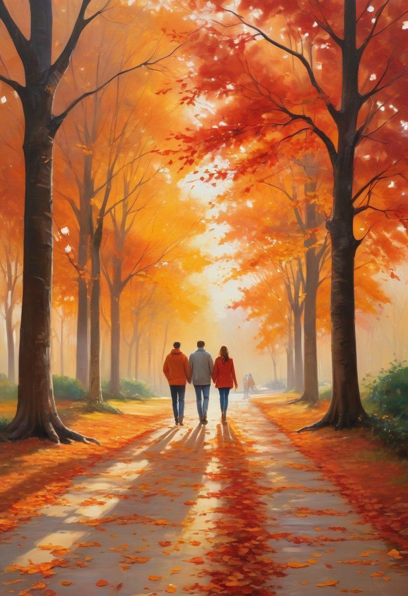 A couple walking hand-in-hand through a serene, autumnal park, surrounded by vibrant orange and red leaves falling gently. The couple is engaged in a deep, heartfelt conversation, with smiles and trust evident on their faces. In the background, a beautiful sunset casts a warm, golden glow over the scene, symbolizing lasting commitment. painting. vibrant colors. warm tones.